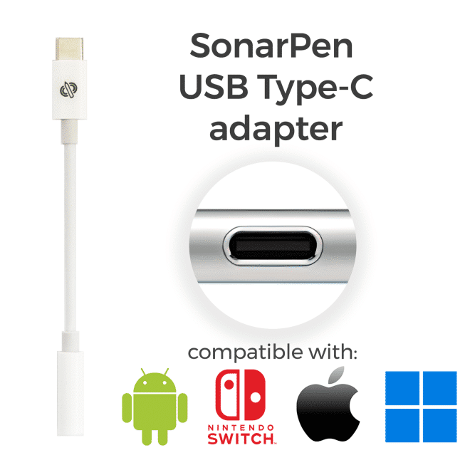 Type-C adapter connects SonarPen to iPhone, iPad, Android, Nintendo Switch and Windows PC